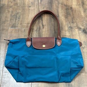Longchamp LE PLIAGE Small Blue and Brown Tote with Foldable Design